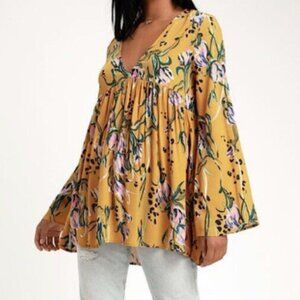 FREE PEOPLE Bella Floral Mustard Yellow Print Tunic Top size medium